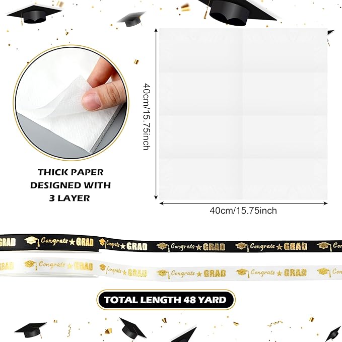 120 Set Congrats Grad Guest Napkins Black and White Rolled Silverware Disposable Grad Award Dinner Napkin with Ribbon and Scissors for Celebration