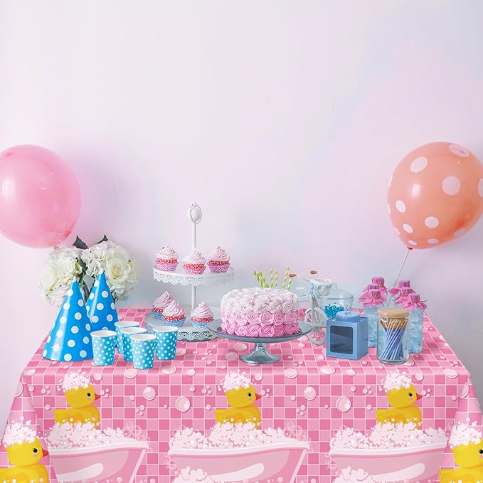 Oudain 3 Pcs Plastic Yellow Duck Tablecloth Disposable Cute Bubble Rubber Yellow Ducky Table Cover for Birthday Party Decorations Supplies, 51 x 86.6 Inch (Pink)