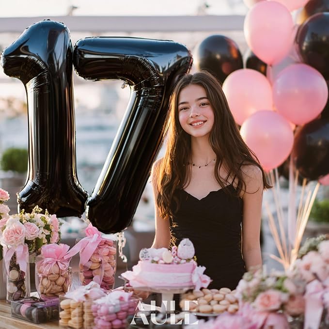 AULE 40 Inch Large 17 Balloon Numbers Black, Big Foil Number Balloons, Giant Helium Happy 17th Birthday Party Decorations for Boy and Girl, Huge Mylar Anniversary Party Supplies
