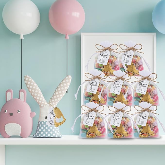 50pcs Baby Footprint Keychains & Bottle Opener Party Favors with Organza Bag (Gold)