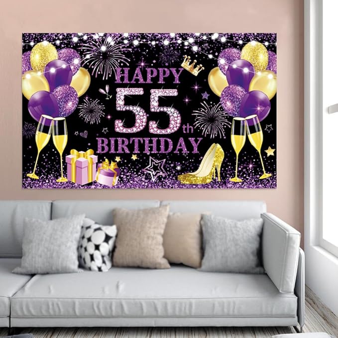 Happy Birthday Backdrop Banner 55th Women Birthday Decoration Supplies Anniversary Party Photo Photography Background Flash Purple Gold Black Birthday Banner Background Poster