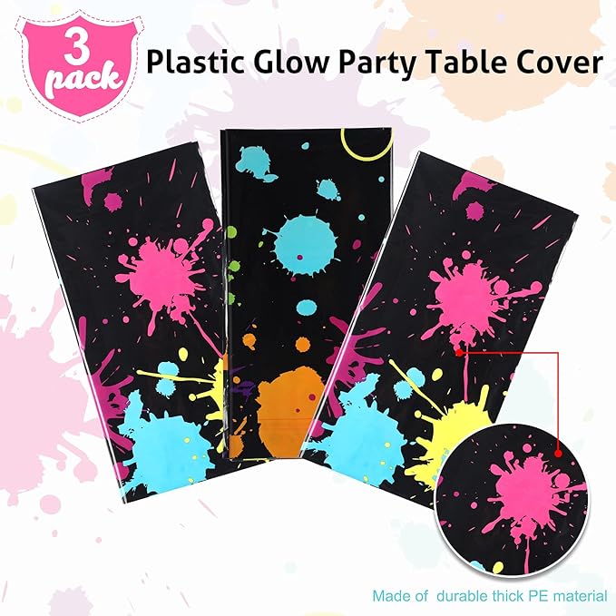 Glow Party Table Covers Neon Plastic Tablecloths 108 x 54 Inch Disposable Neon Glow Table Cloths for Black Light Birthday Party Supplies Decorations(3 Pieces)