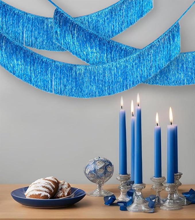 2 Pack Premium Sky Blue Glitter Fringe Tassel Banner for Party Decoration Thick Metallic Foil Tinsel Garland for Birthday Wedding Bachelorette Holiday Disco Home Decor