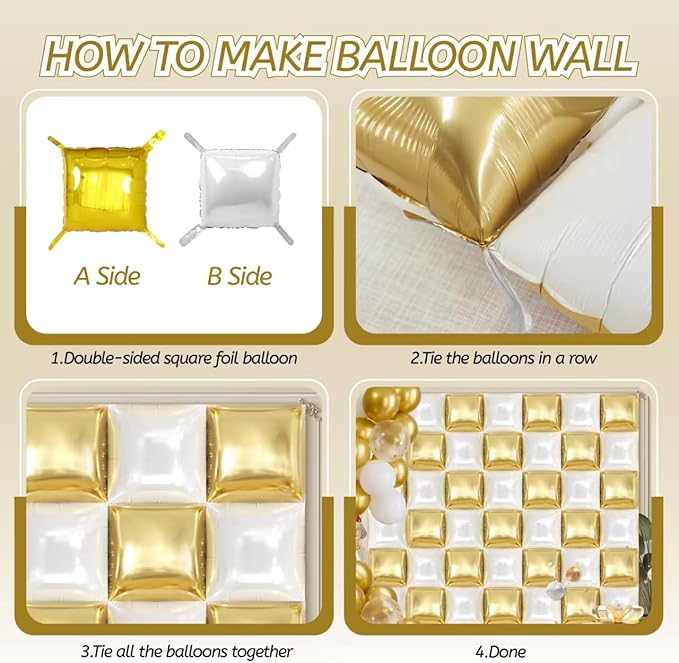 50PCS White and Gold Square Foil Balloon Wall, 19'' Reusable DIY Mylar Double Side Balloons Garland Tunnel Arch Kit for Anniversary Baby Shower Bachelorette Birthday Engagement Bridal Decor