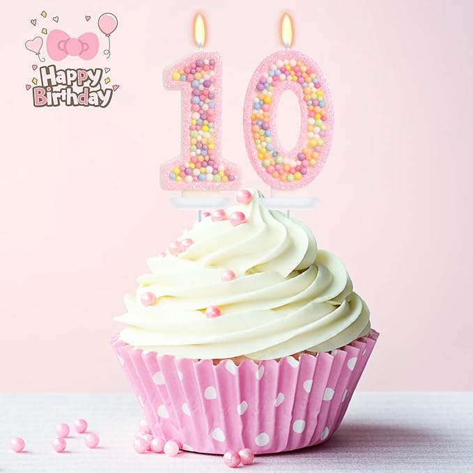 Pink Birthday Candles - Number 10 Candle, Colorful Macaron Candles, 10 Birthday Decorations for Girls Sweet Theme Party Supplies (Pink)