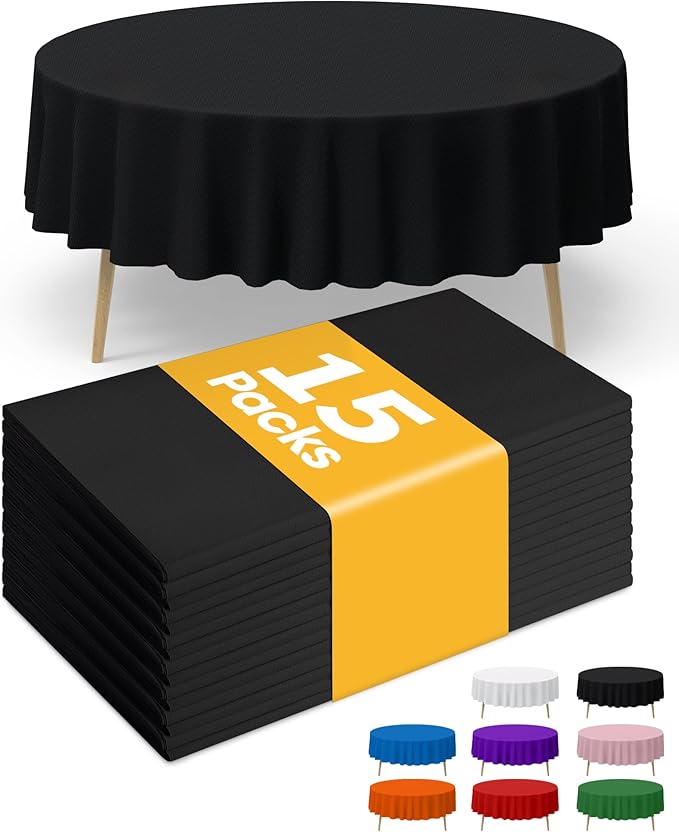 Black Plastic Table Cloth Round Table 15 Pack, 84'' Tablecloth for Graduation Decorations Class of 2025, Table Cloth for Disposable Use, Table Cover for Holiday Party, Gathering