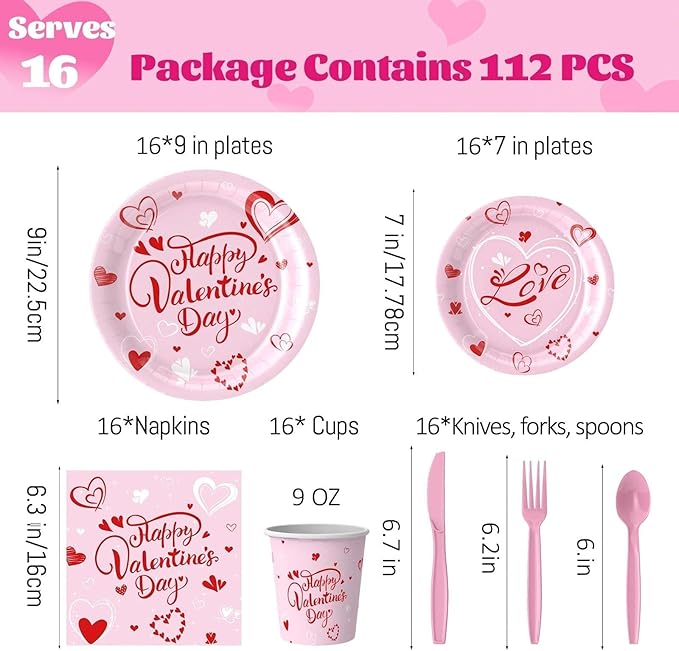 112PCS Valentine’s Day Heart Party Plates Supplies Love Pink Heart Party Tableware Decoration Disposable Paper Plates Napkins Forks for Graduation, Anniversary(Serves 16)