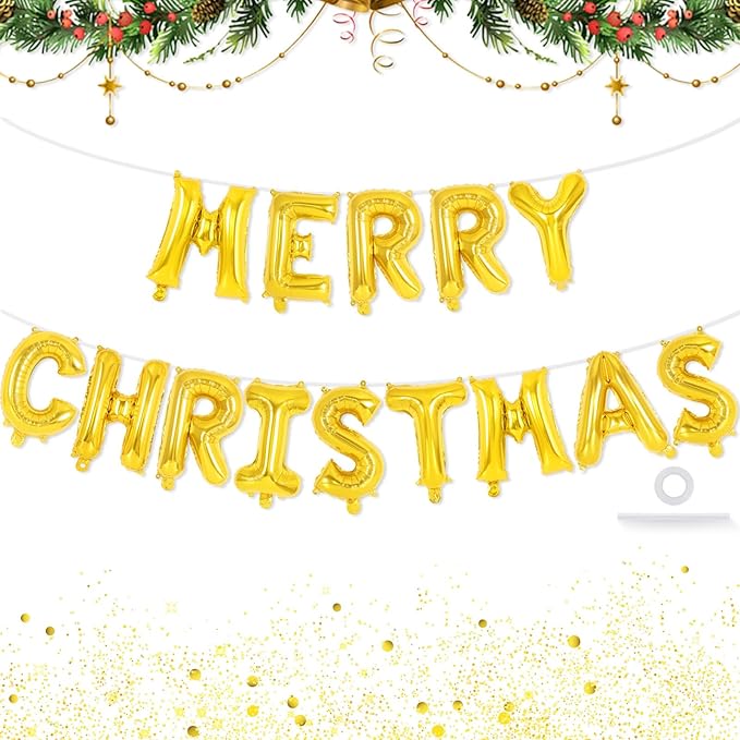Gold Merry Christmas Letter Balloons Banner, Merry Christmas Foil Xmas Balloon for Xmas Party Decorations (Gold)
