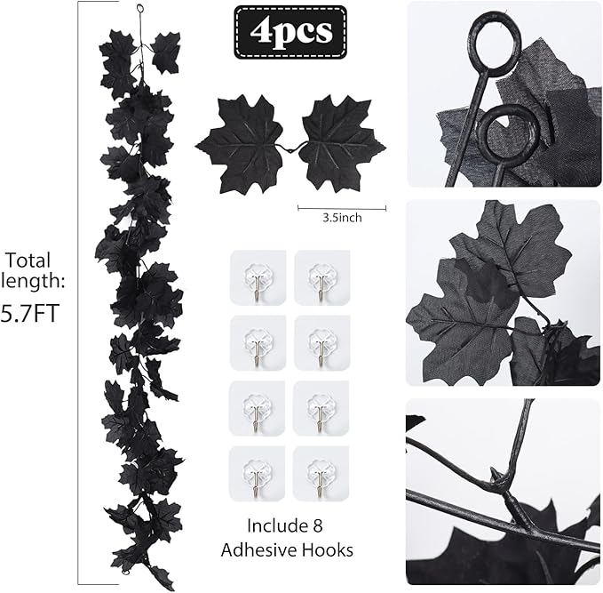 Halloween Garland Decor Indoor Table Decorations Fall Wall Hanging Artificial Black Maple Leaf Vine Decorations for Home (4 Pcs Black Maple Leaf, Set)