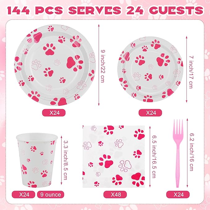 Kochorie 144 Pieces Pink Paw Print Party Tableware Sets Including Disposable Plates Napkins Cups Forks Serves 24 for Dog Puppy Theme Party Supplies