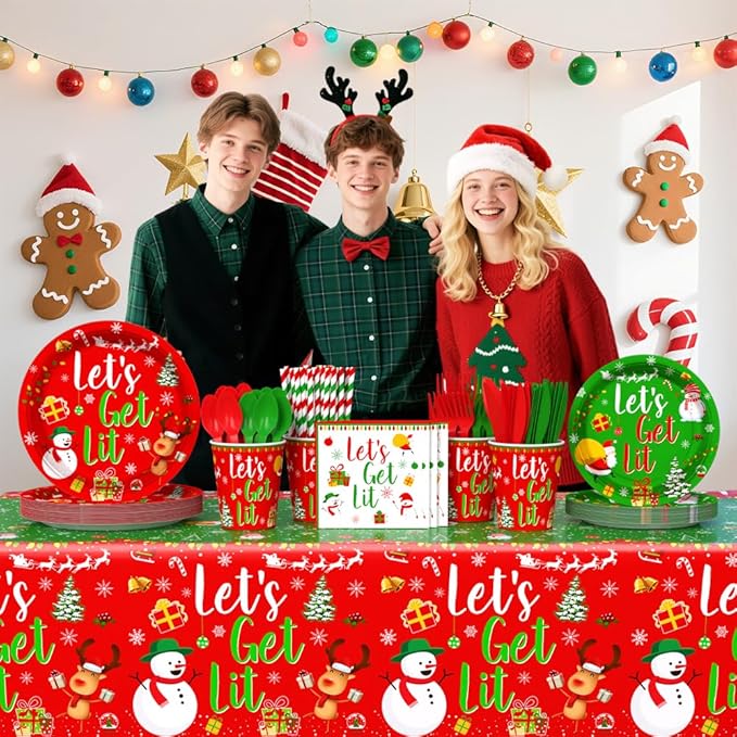 194 Pcs Christmas Party Supplies Decorations Friendsmas Christmas Party Decorations Let's Get Lit Santa Snowman Disposable Tableware Set with Plates Napkins and Tablecloth Serves 24 Guests