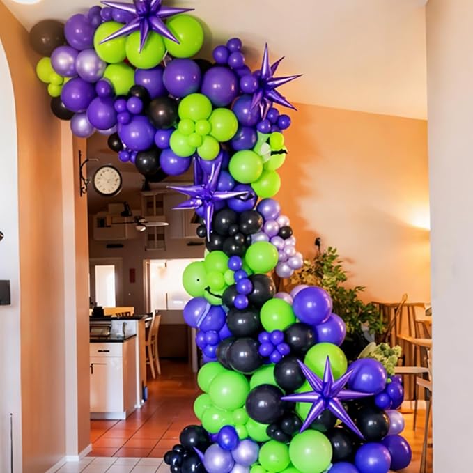 Halloween Balloon Arch Kit, Black Fruit Green Metallic Purple Agate Black Balloons, Ghostly Eyes, Scary Character and Striped Balloons for Kid Halloween Birthday Party Decorations Baby Shower Backdrop