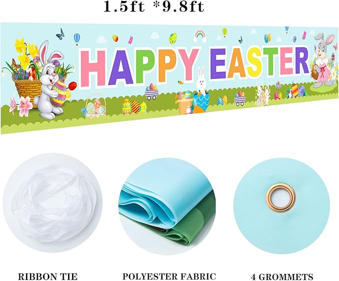 Happy Easter Banners Easter Banners for Outside Garden, Large Long Spring Bunny Banner Egg Hunt Decorations Butterfly Flower for Indoor Easters Theme Party Rustic Lawn Sign