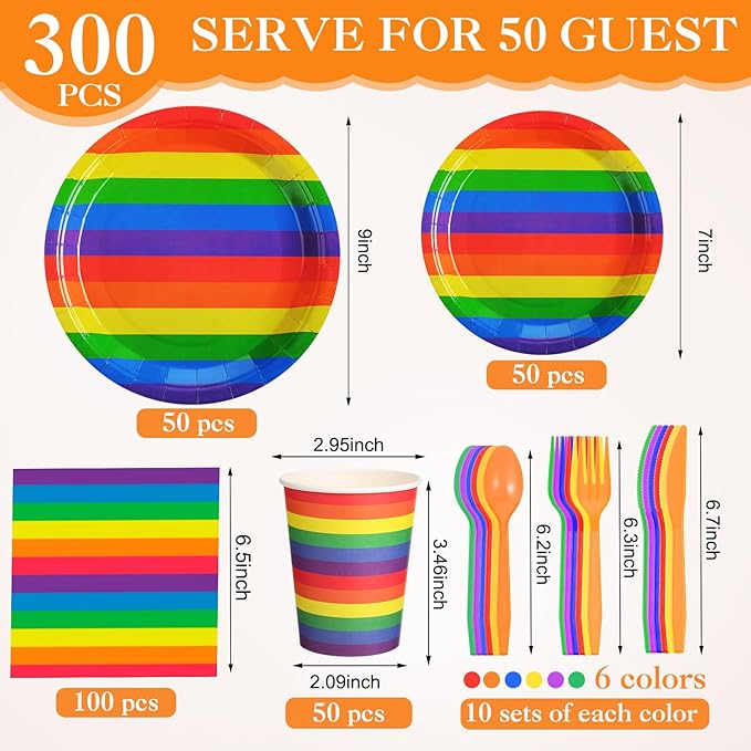 Party Decorations Supplies Paper Plates Napkins and Cups Cutlery (400, Rainbow, Pride)