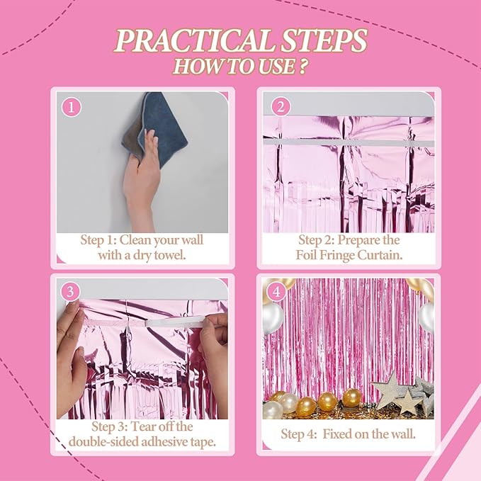 2 Pack Foil Fringe Backdrop - Pink Shiny Tinsel Curtains for Party Decoration/Photo Booth Props - 3.3x6.6 FT Metallic Foil Backdrop for Birthday, Wedding, Graduation, Christmas.