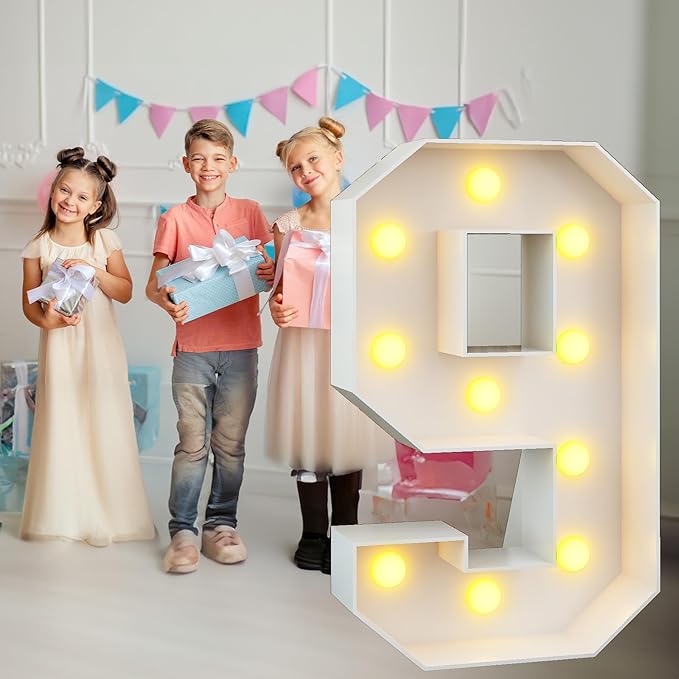Marquee 4ft Numbers with Light up Number 9 White Mosaic Frame Slots-in Letter 9 for 9th Birthday Party Decorations Pre-Cut Cardboard Large Giant Cut-Out Thick Foam Board Sign Anniversary