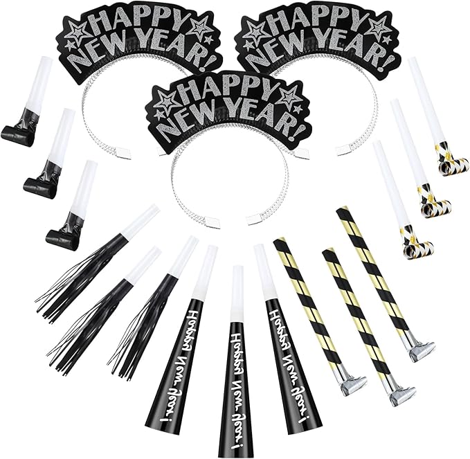 Lenwen 18 Pcs Happy New Years Eve Party Supplies New Year Noise Makers Headband Tiara Party Horn Blowers Whistles Fringed Noisemaker Novelty Favors for Adult Decoration(Black)