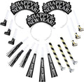 Lenwen 18 Pcs Happy New Years Eve Party Supplies New Year Noise Makers Headband Tiara Party Horn Blowers Whistles Fringed Noisemaker Novelty Favors for Adult Decoration(Black)