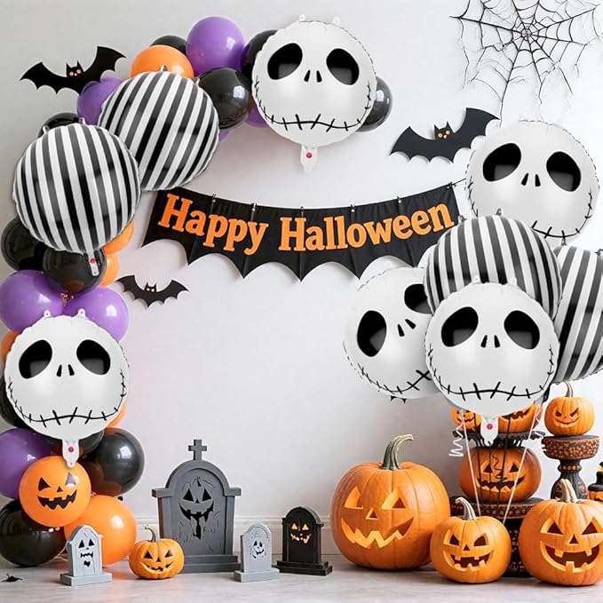 12 PCS Halloween Skull Foil Black and White Striped Balloons(18 Inch) Nightmare Honor Theme Birthday Party Decorations Spooky Ghost Skeleton Cat Baby Shower Day of The Dead Indoor Outdoor Decor