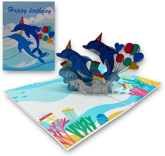 3D Dolphins Birthday Pop-Up Card – Ocean Sea Life Themed Handmade Greeting Card for Birthdays, Anniversaries & Special Occasions, Birthday Pop Up Card for Women, Men & Kids – With Envelope