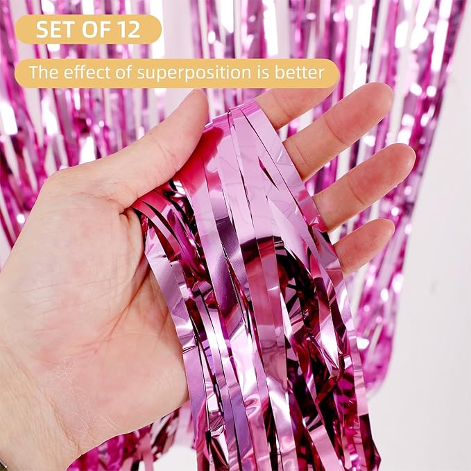 12 Pack Pink Foil Curtain Backdrop 3.2ft x 6.6ft Metallic Tinsel Fringe Backdrop Curtains Streamer Photo Booth Backdrop for Birthday Engagement Bachelorette Christmas Holiday Party Decorations