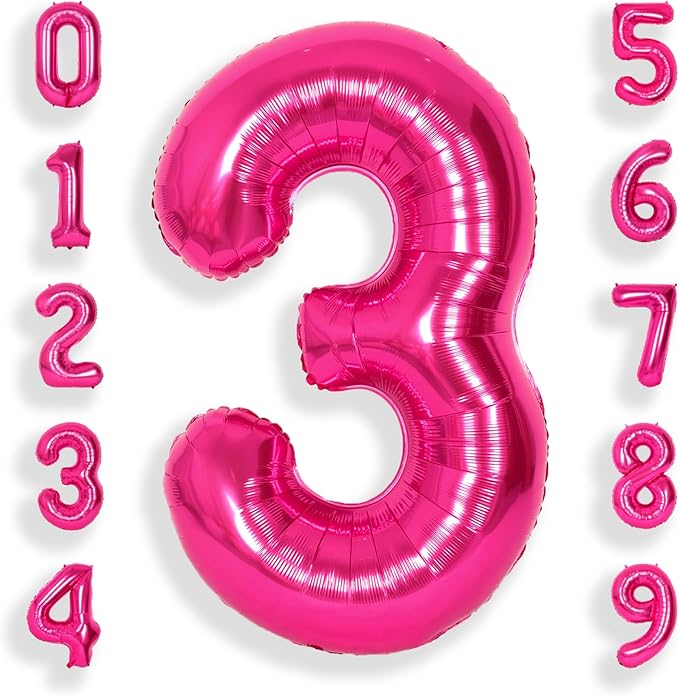 SUWEN 40 Inch Hot Pink Large 3 Number Balloons Big Foil Helium Number Balloons 0-9 Jumbo Happy 3rd Mylar Birthday Party Decorations for Girl Anniversary Party Supplies