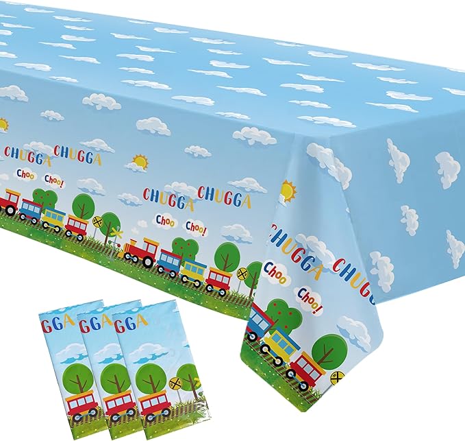 APOWBLS Train Birthday Party Supplies Tablecloth, Disposable Train Birthday Decorations Table Cover, 3 Pack, 54in x 108in