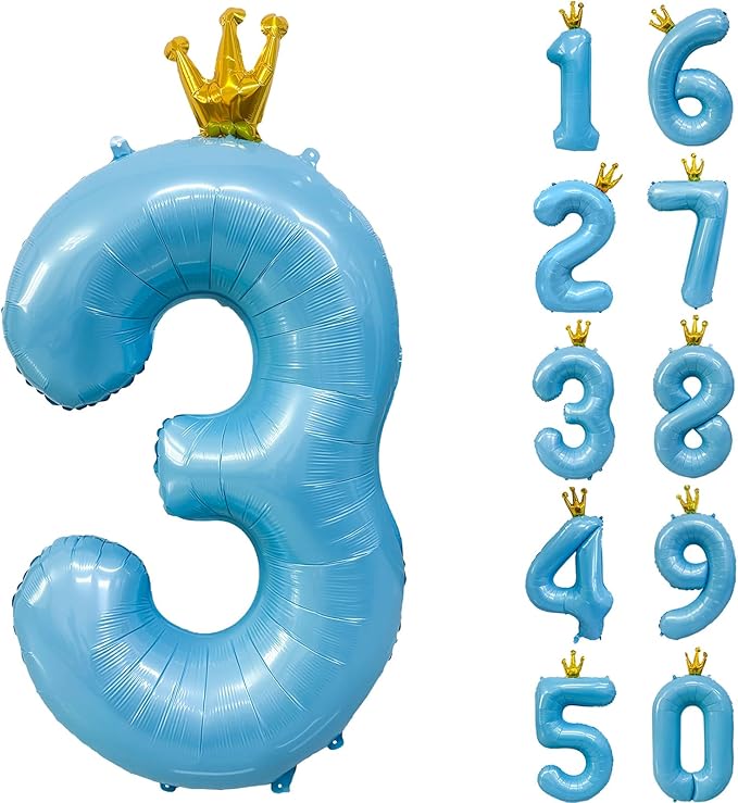 Blue Number 3 Balloon with Crown, 40 inch Blue Number Balloon 3rd Birthday Party Decoration BlueCrown Balloons 0-9 for Birthday Party Anniversary Decorations Supplies
