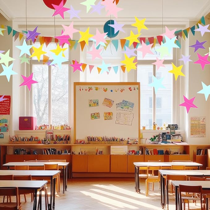 Spakon 65 Feet Glitter Star Paper Garland Banner Hanging Decoration Star Streamers Double Side 2026 Graduation Decorations for Wedding Birthday Festival New Year Party Decoration (Pastel)