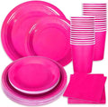 Whaline 100Pcs Hot Pink Pa rty Supplies Set Disposable Party Dinnerware Sets 50Pcs Paper Plates 25Pcs Napkin 25Pcs Cups for Wedding Birthday Party Supplies Table Decorations