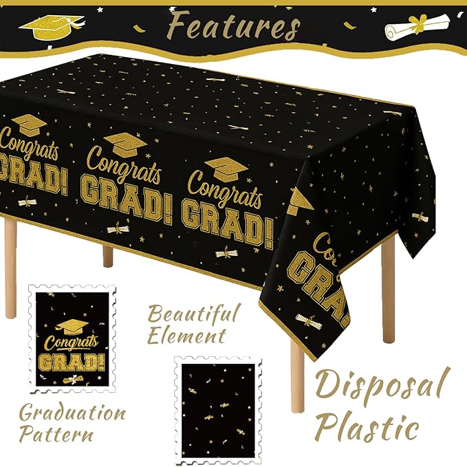 Graduation Decorations Tablecloth Set, Class of 2026 Graduation Party Supplies Gongrats Grad Tablecover Decor for High School University Graduates Party, Black and Gold Table Cloth with Banner