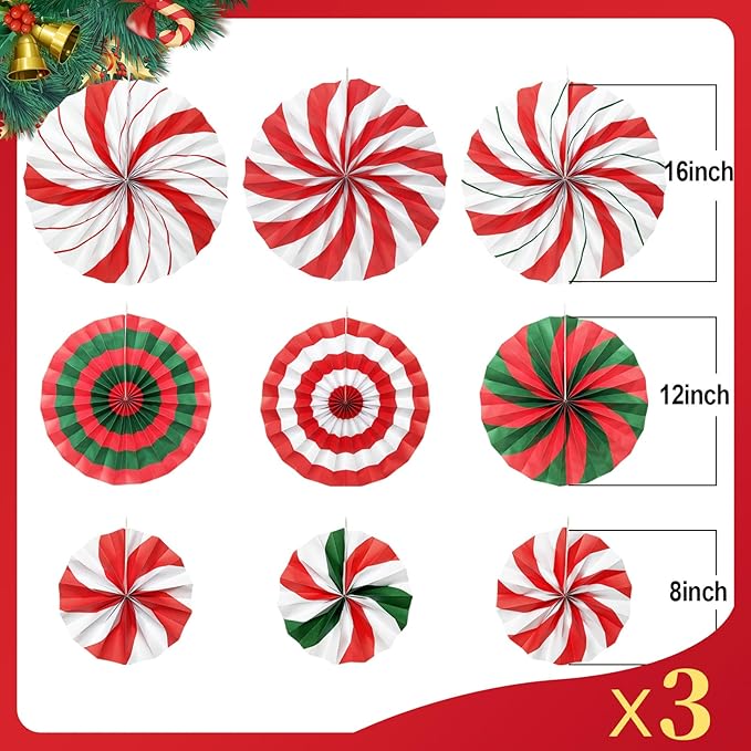 9 Pcs Christmas Party Decorations, Red and Green Hanging Candy Paper Fans Candy Cane Wall Ceiling Decor for Xmas Party, Classroom, Office, Birthday