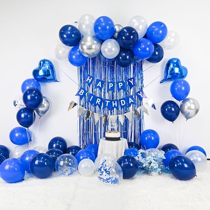Blue Silver Birthday Decoration for Men,Navy Blue White Balloons Heart Foil Balloons Happy Birthdays Banner Fringe Curtain for Birthday Party Decorations