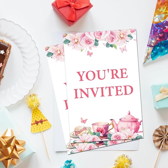 Soiceu Floral Tea Party Girl Birthday Invitations Pink Let's Par-tea Birthday Invites with Envelopes Set of 20