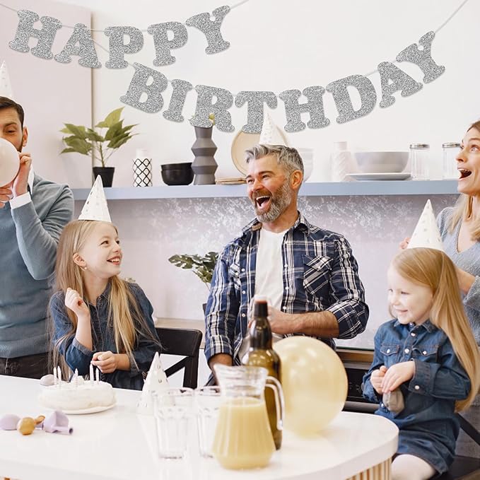 Glitter Silver Happy Birthday Banner Birthday Party Decorations Sign Garland Bunting Banner for Wall Decor Party Background for Kids Boys Girls Adults