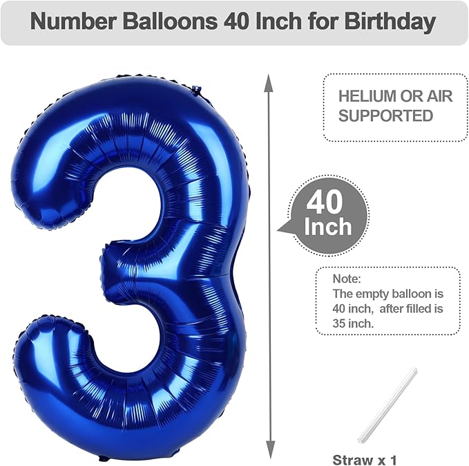 3 Balloon Number, 40 Inch Happy 3rd Birthday Decoration, Navy Blue Number 3 Ballon for 3, 13, 23, 30 Celebration, Boy and Girl Birthday, Wedding, Anniversary Decor