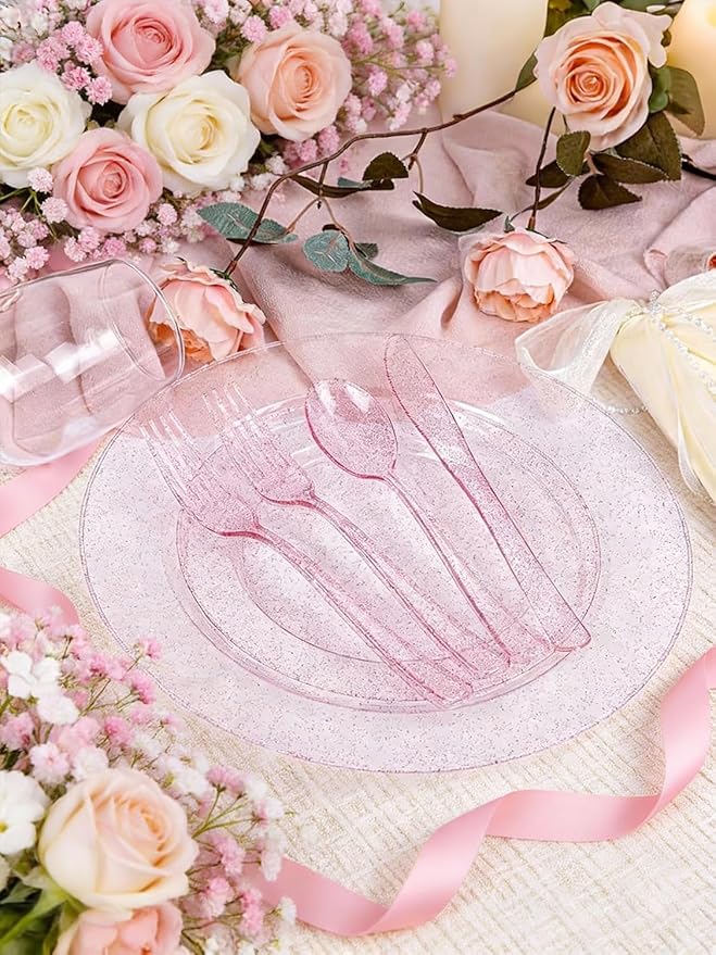 WDF 200PCS Pink Plastic Plates - Rose Gold Glitter Plastic Plates - Heavy Duty Pink Glitter Disposable Plates for Wedding Baby Shower Spring Birthday Easter