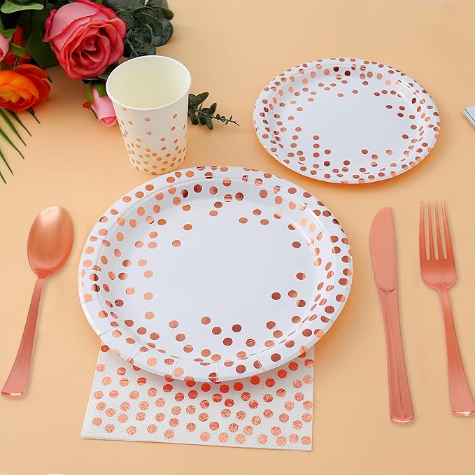 White and Rose Gold Party Supplies, 175 Pcs Disposable Dinnerware Set Serves 25 White Rose Golden Dot Plates Cups and Napkins Gold Plastic Forks Knives Spoons Party Supplies for Birthday Wedding