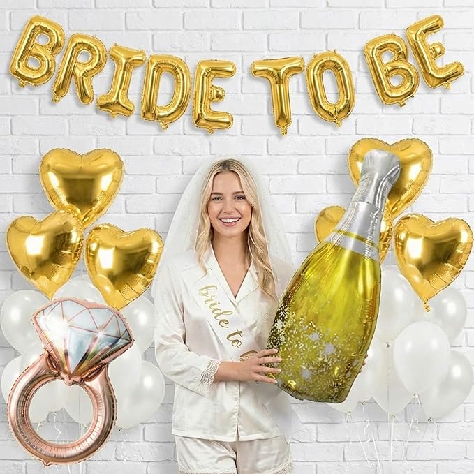 Gold Decorations pearl White balloons Bridal Veil BRIDE TO BE Balloons Sash with Diamond Ring Heart Champagne Balloons for Bachelorette Party Decor Bride To Be Bridal Showerr