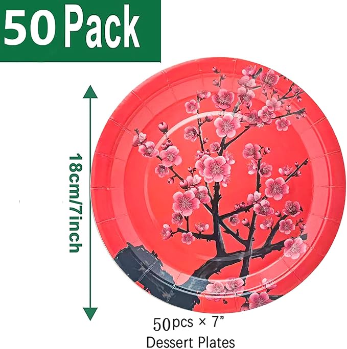 50Pcs Chinese New Year Party Supplies Chinese Japanese Cherry Paper Plates 7"Cherry Blossom Dessert Plates Flowers Plates for Birthday Wedding Chinese New Year Spring Festival Decorations (Red)