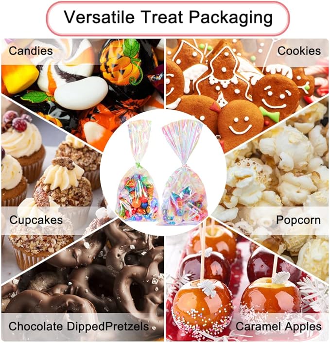 HRX Package 120pcs Iridescent Cellophane Treat Bags with Ties, 6x12 inch Holographic Plastic Goody Bags for Candy Party Favors Small Gifts