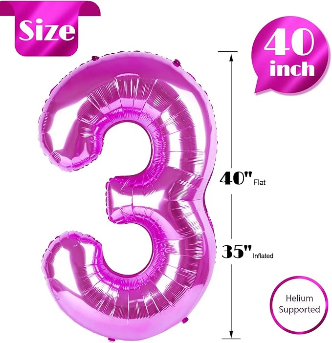Rosy Purple Number 3 Balloon 40 Inch, 3 Balloon Number, 3rd Birthday Decorations, Rosy Purple Party Supplies for Boys Girls