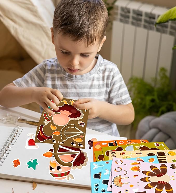 Thanksgiving Stickers for Kids, DIY Crafts Stickers for Kids, Make a Turkey Face Sticker, Thanksgiving Games Activities Decorations Party Supplies(24 Sheets)
