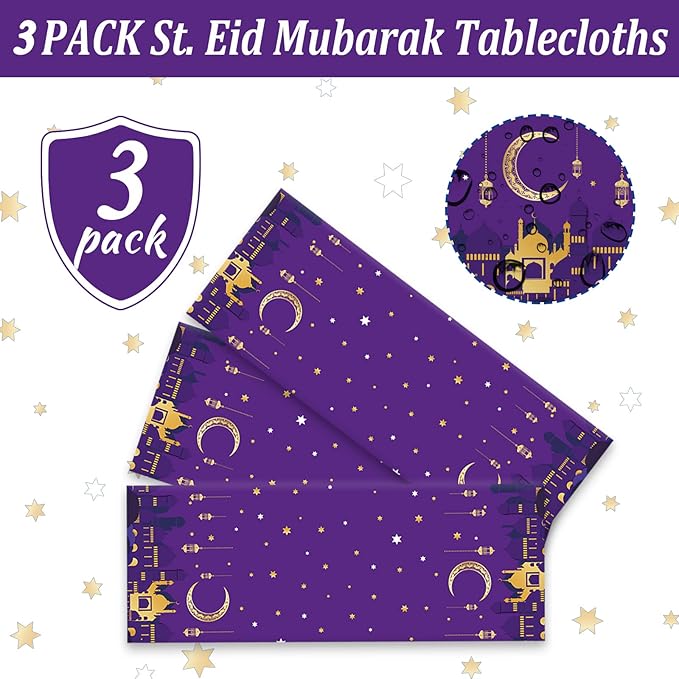 3 Pieces Ramadan Mubarak Tablecloths for Eid Mubarak Decorations Plastic Disposable Happiness Ramadan Eid Al-fitr Party Table Covers for Rectangle Tables Ramadan Party Favors, 54 x 108 Inches（Purple）
