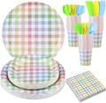 175 Pcs Easter Plates and Napkins, Easter Plaid Party Supplies Include Spring Pastel Gingham Plates Napkins Cups Plastic Cutlery Pastel Party Decorations for Baby Shower, Picnic, Birthday