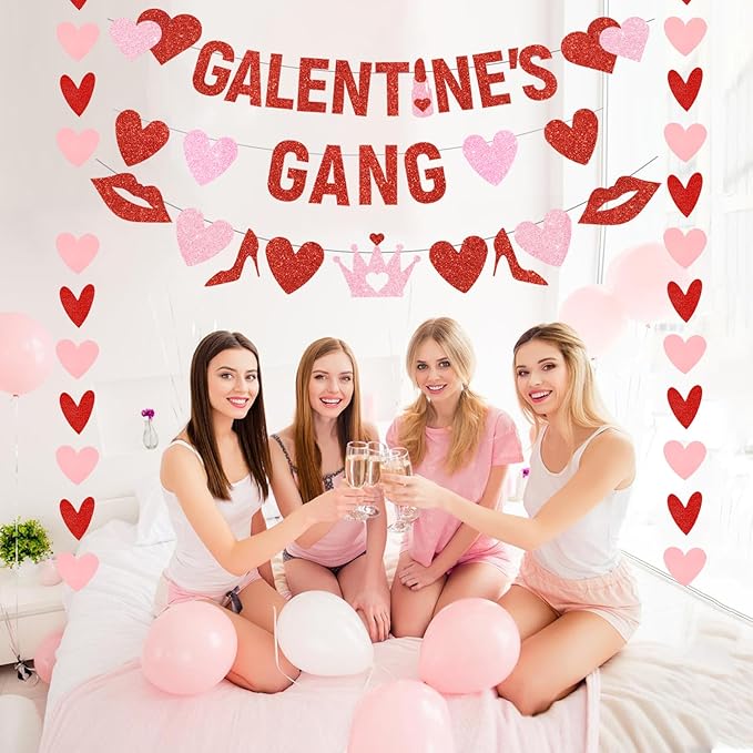 4Pcs Pre-Strung Galentine's Gang Banner, Heart Shaped Banners, Red, 0.2" x 0.2", Indoor, Wall Mount, Standard Banner, Galentine's Day, Home, Room Decorations