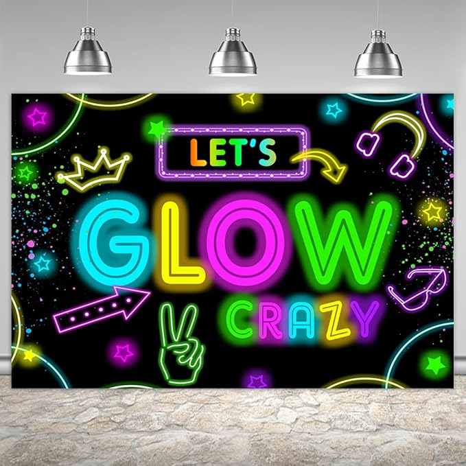 Neon Glow Party Decorations Supplies Backdrop 6x4ft Glow in The Dark Let’s Glow Banner Photography Background Birthday Sleppover Graffiti Splash Paint Black Light Kids Photo Booth