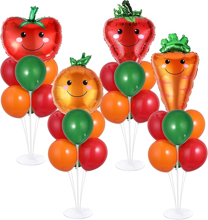4 Sets Vegetable Fruit Party Balloons Stand Kit with Smiling Carrot Strawberry Foil Balloons Tables Centerpiece Smiling Orange Tomato Balloon for Vegetable Fruits Farmers Market Parties Decorations