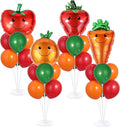 4 Sets Vegetable Fruit Party Balloons Stand Kit with Smiling Carrot Strawberry Foil Balloons Tables Centerpiece Smiling Orange Tomato Balloon for Vegetable Fruits Farmers Market Parties Decorations