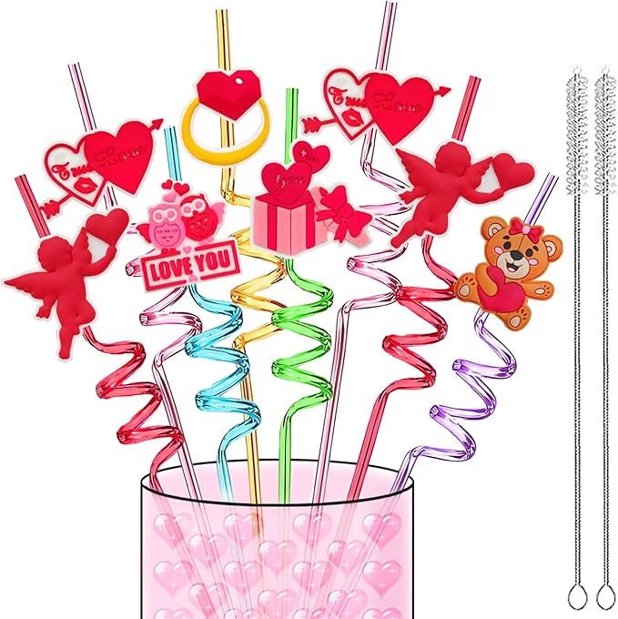 Valentine’s-Day-Engagement-Wedding-Bachelorette-Party-Decoration-Supplies-Crazy-Straws-24PCS Reusable Party Drinking Straws for Valentine V-DAY Party Favors Bridal Shower Decor Bride to Be Gift